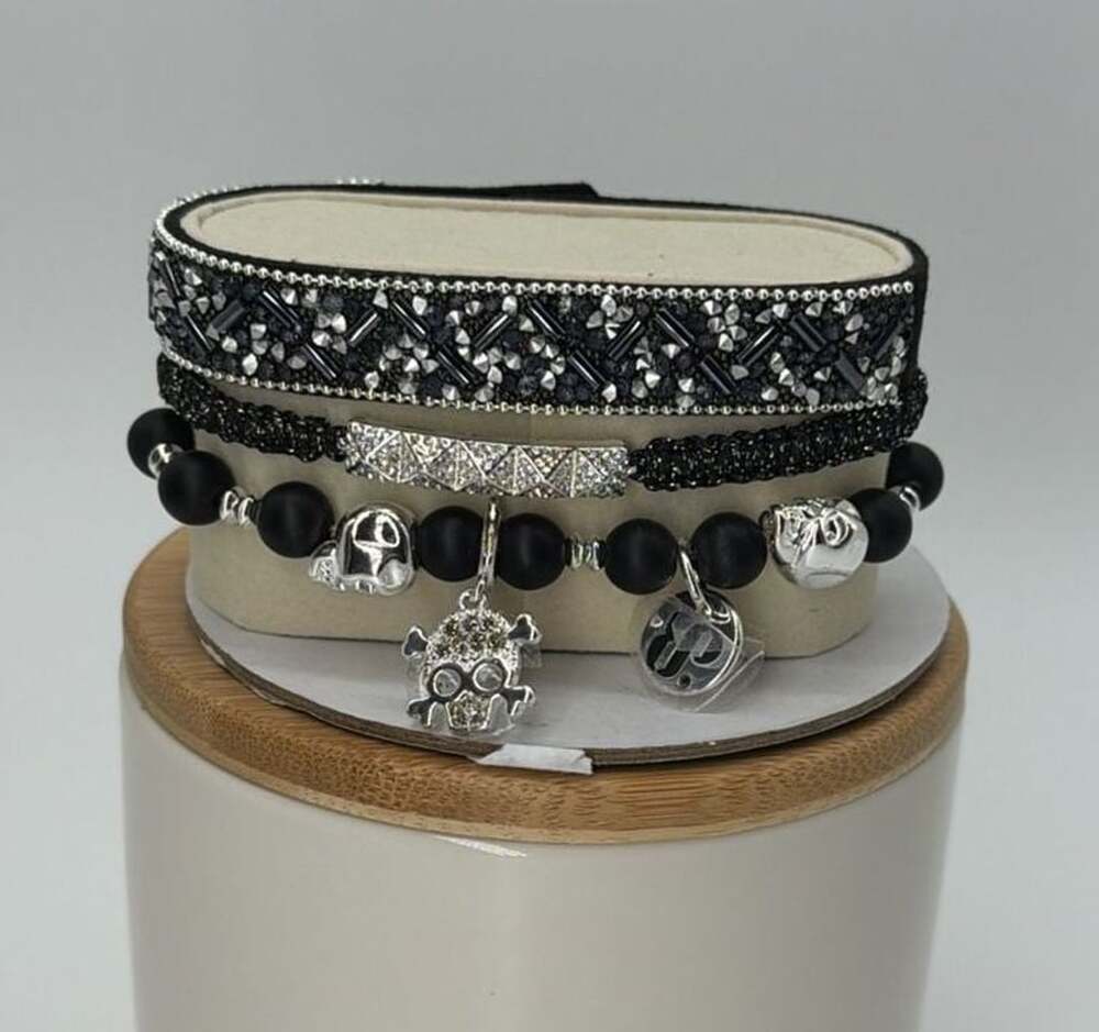 Bomb Party Barbosa's Revenge Stack Bracelet Black Silver Skulls
